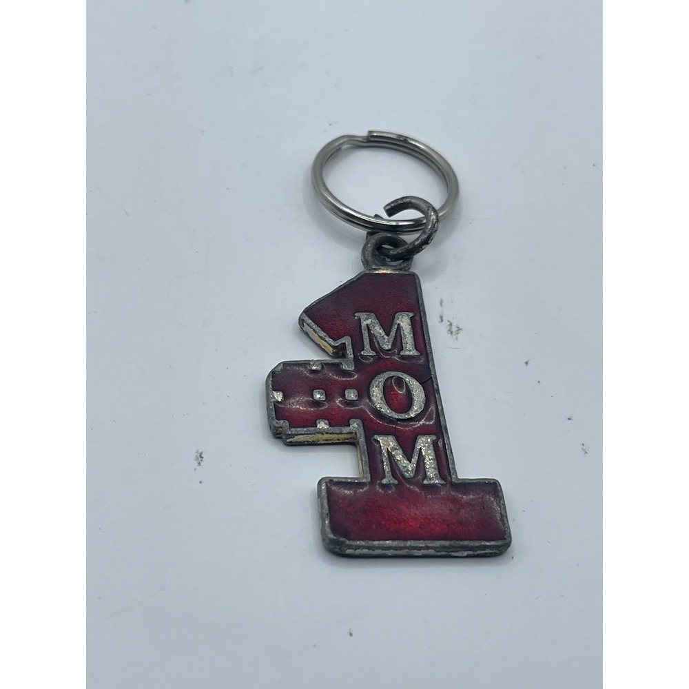 Vintage 80's #1‎ MOM Enamel Glitter Goldtone Metal Keychain Red  2"